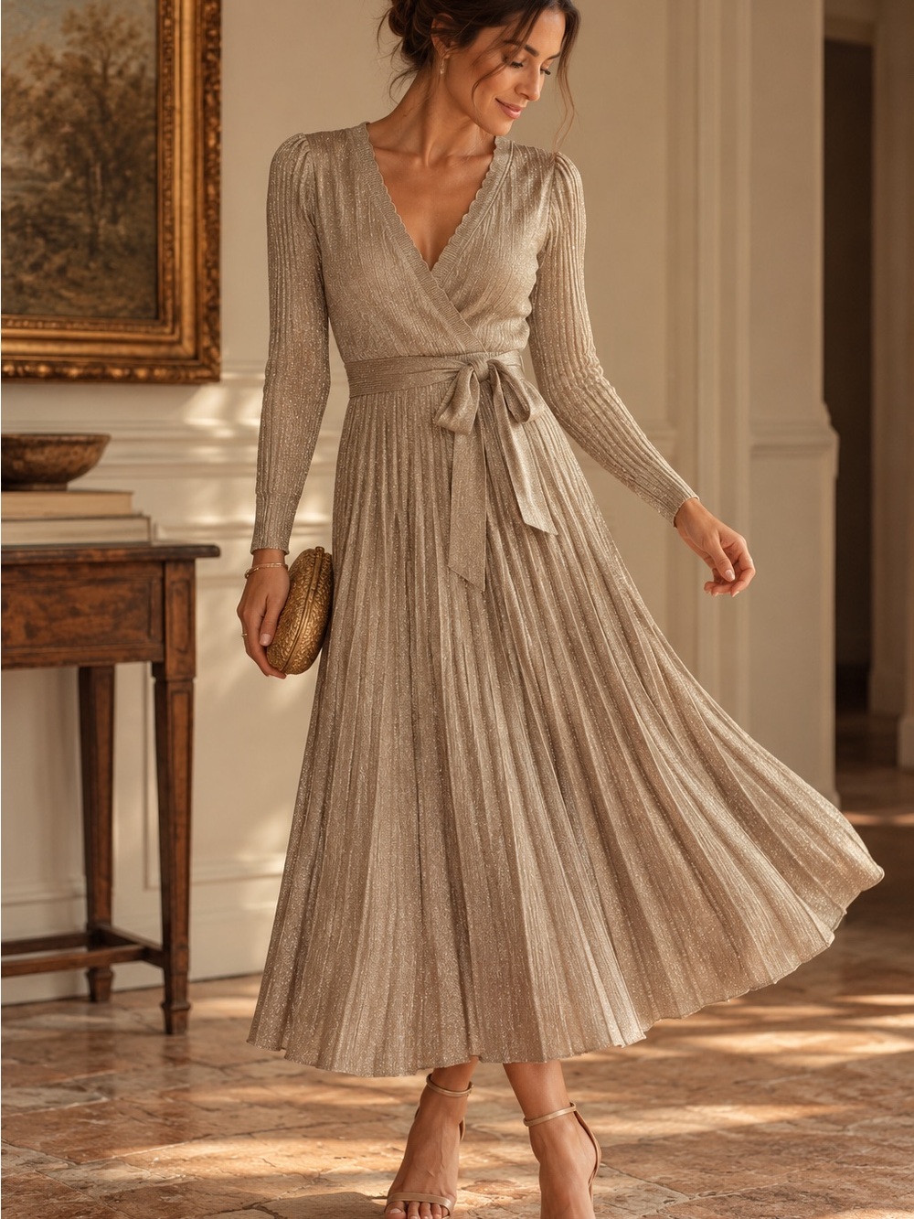 Shimmer Wrap Midi Dress with Tie Waist in Metallic Gold